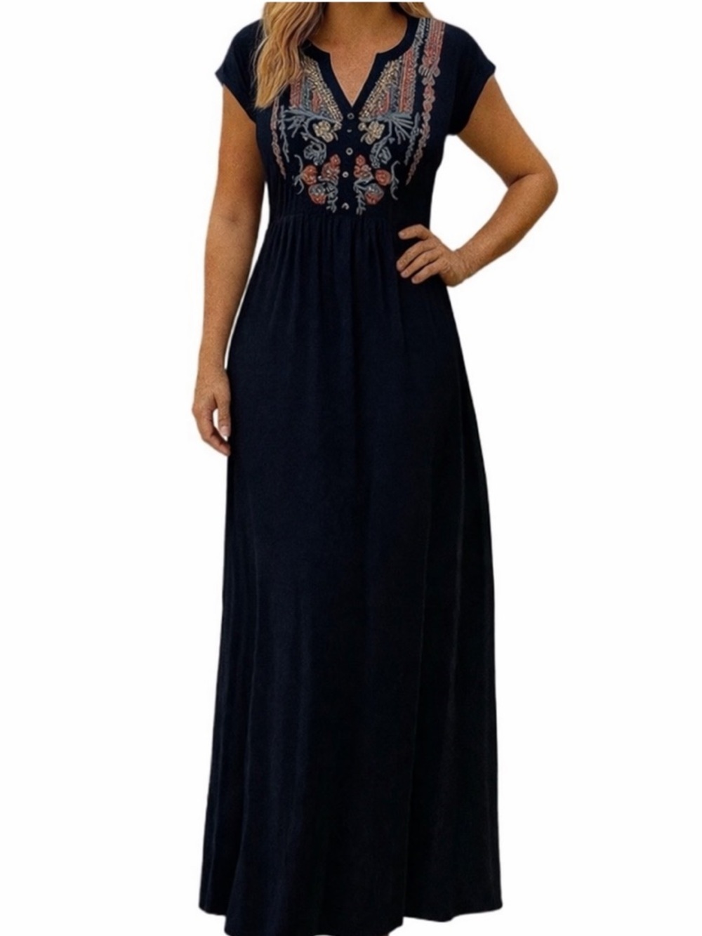 Johnny Was Biya Claudette deep navy Challis button down embroidered dress